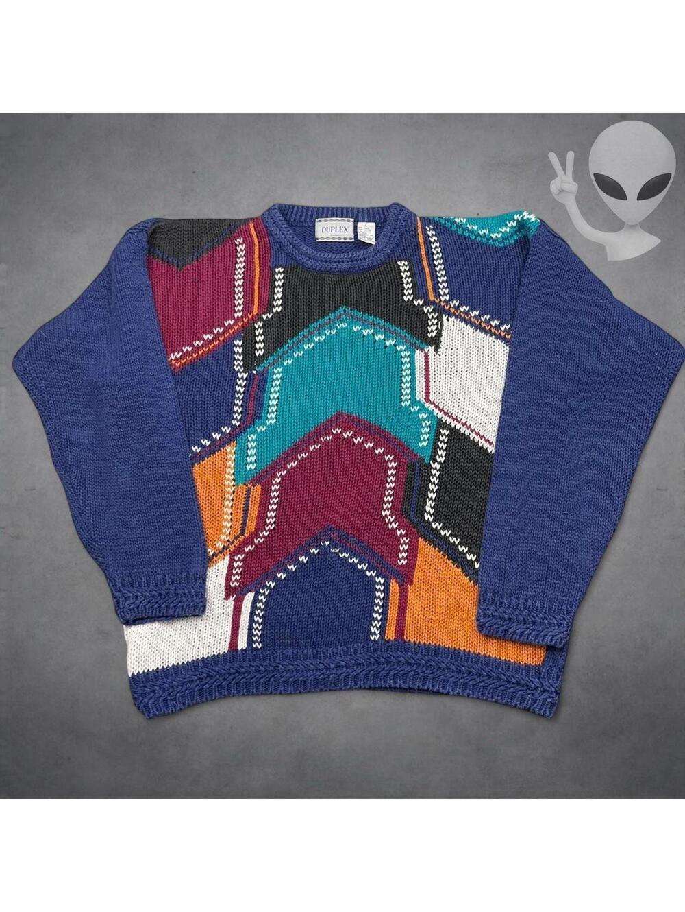 Duplex Sweater Mens US L Multicolor Geometric Abstract 3D Knit Crewneck Vintage
